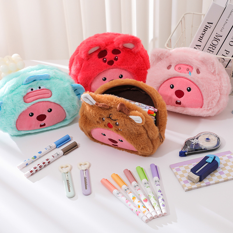 Case With Pencil Holder - Karikatür peluş kalem çantası öğrenci Kawaii